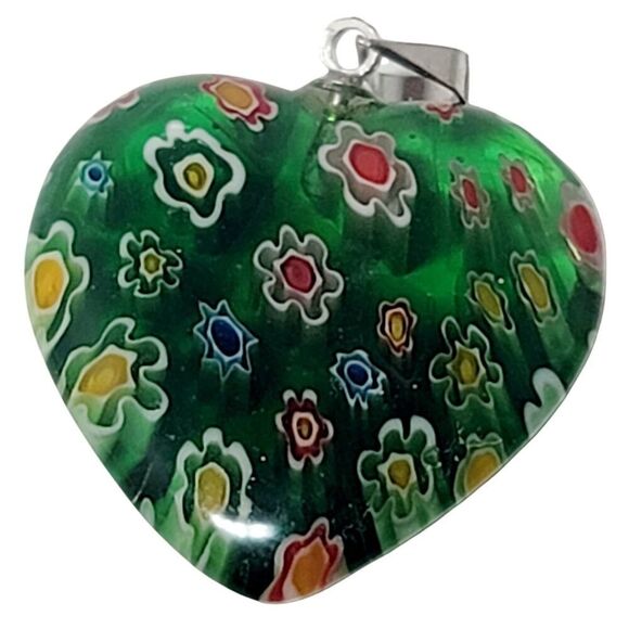 Emerald Green Lucite Millefiori Heart Pendant 1" Tall 18KPG Gold Plated - Picture 1 of 4
